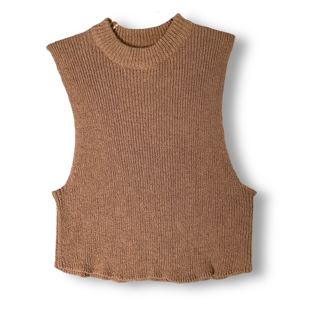 Free People Beach Sleeveless Sweater Sz XS Mock Neck Ribbed Knit Neutral Tan